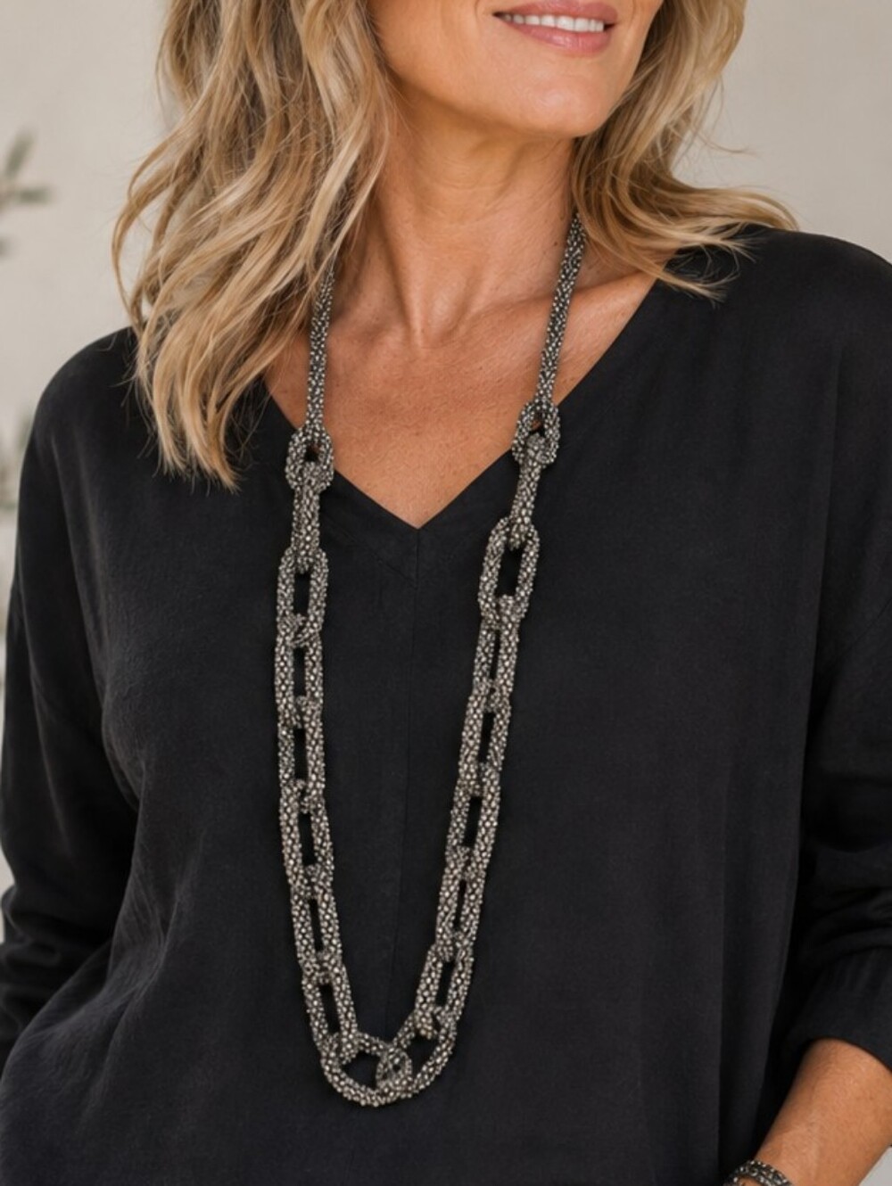 Chico's Silvertone Lumi Long Statement Necklace 36" Glass Beaded